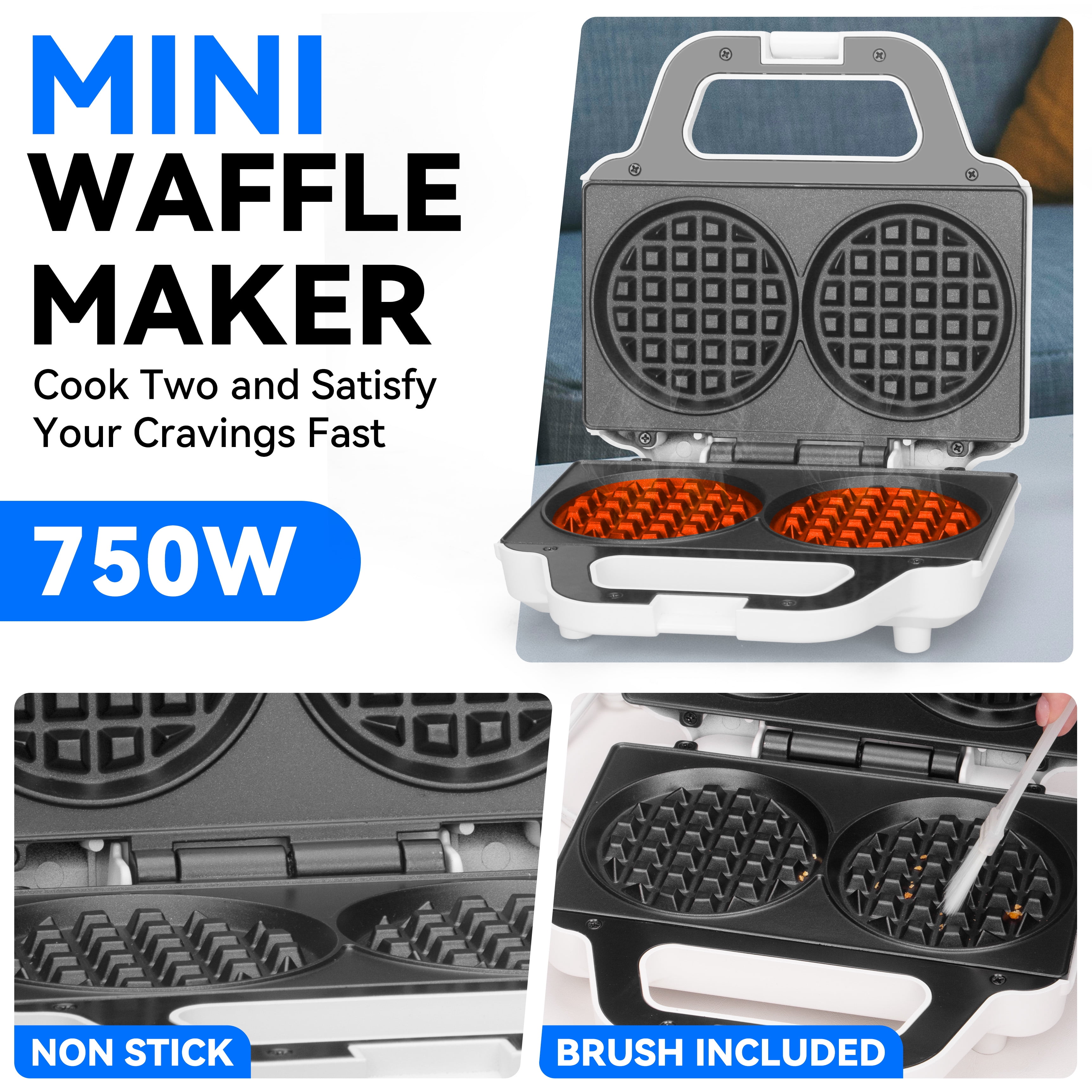 Mailand 4 Inch  Mini Waffle Maker, Electric Double Waffle Maker Machine, Chaffle Maker, Waflera Electrica, Brush Included, White