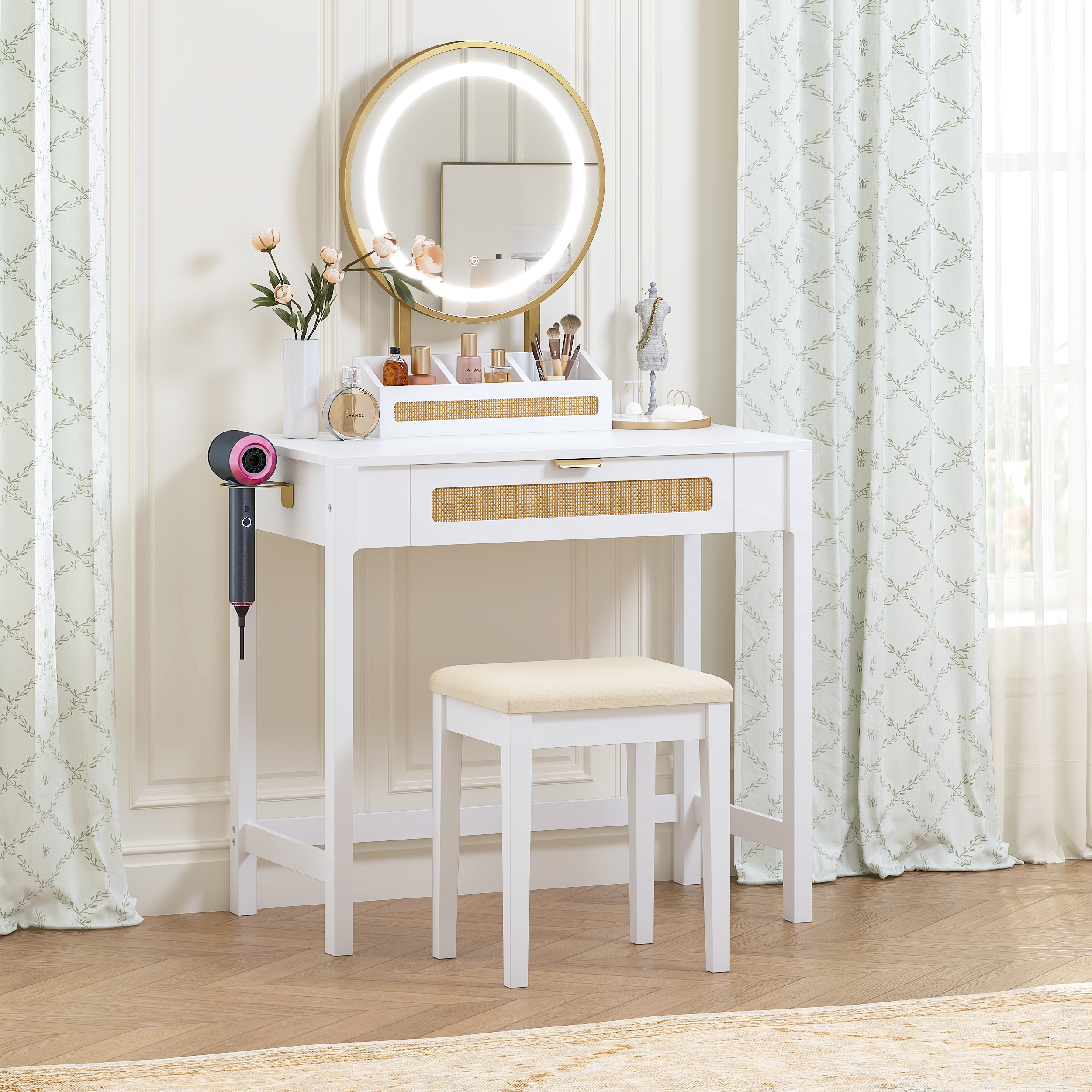 STAROUS Rattan Makeup Vanity Desk with Mirror and Lights, White Vanity Table with Drawers, Small Dressing Table with 3 Lighting Modes for Bedroom