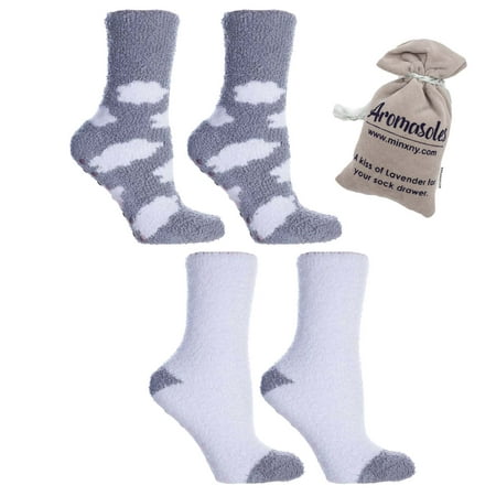 

MinxNY Women s Non-Skid Warm Soft and Fuzzy Lavender Infused 2-Pair Pack Slipper Socks with Lavender Sachet Gift Clouds Grey