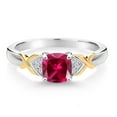 thumbnail image 2 of Gem Stone King 925 Sterling Silver and 10K Yellow Gold Red Created Ruby and White Lab Grown Diamond Engagement Ring for Women (1.03 Cttw, Cushion 6MM, Available in Size 5, 6, 7, 8, 9), 2 of 4