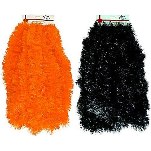 Super Duper Thick Tinsel Garland Multi-Packs for Christmas, Birthdays, Holiday Decoration, Special Events (1 Strand Black, 1 Orange, 50 ft.