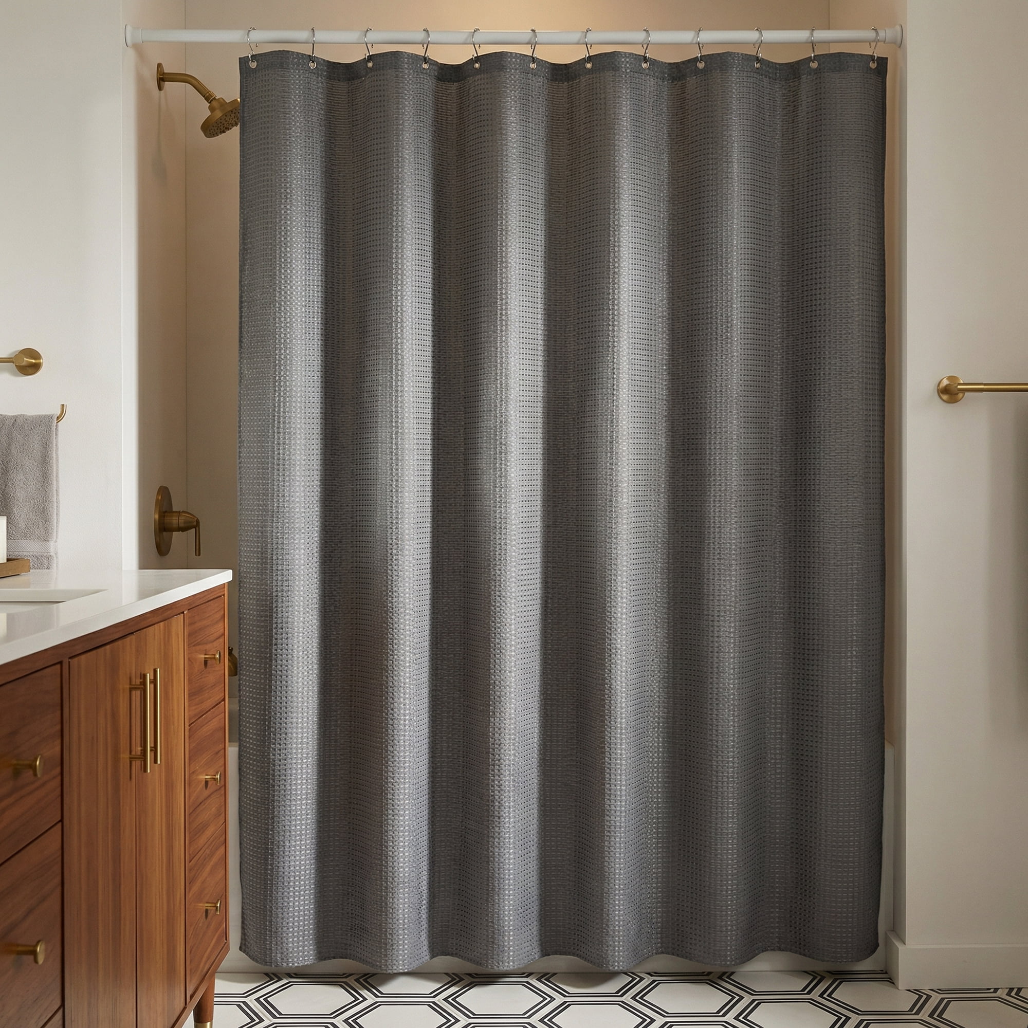 Unique Bargains Waffle Weave Shower Curtain Sets with 12 Hooks Grey 71"W x 71"L