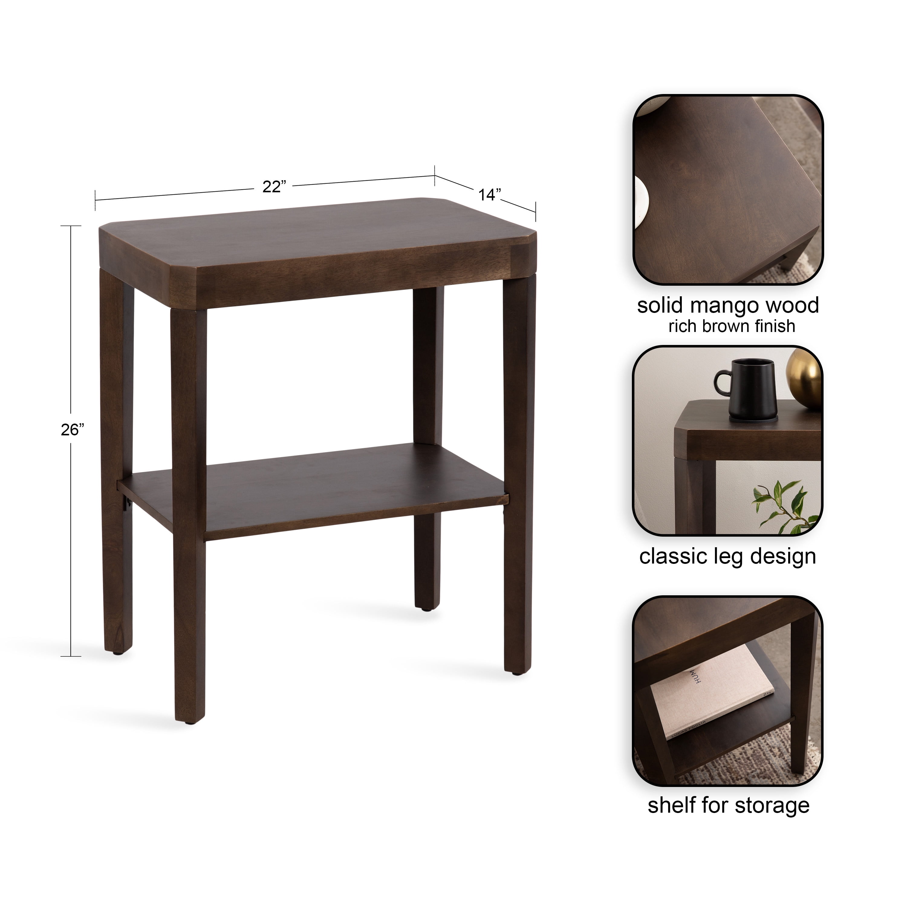 Kate and Laurel Talcott Modern Rectangle Wood Side Table, 22 x 14 x 26, Dark Brown, Transitional Decorative Two-Tier End Table for Use as a Bedroom Nightstand or Living Room Accent