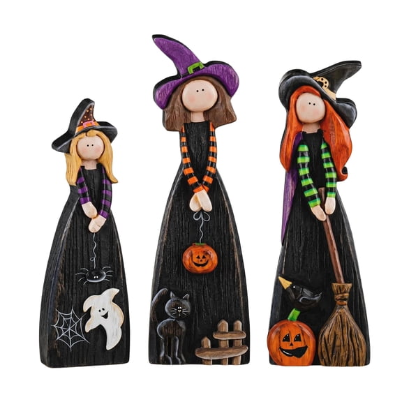 Set of 3 Halloween Wooden Witch Tabletop Centerpieces, Rustic Farmhouse Halloween Figurines for Home Table Shelf Mantel Halloween Party Decor