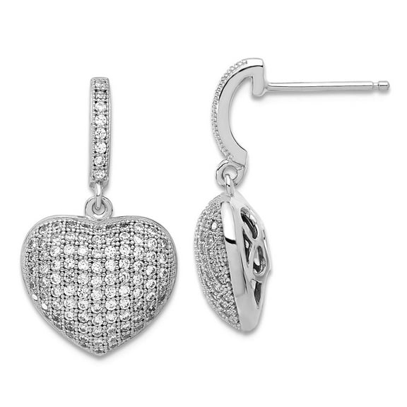 925 Sterling Silver and Cubic Zirconia Polished Love Heart Dangle Post Earrings 23.6x13.4mm Wide Dangle Earring for Wome