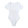thumbnail image 3 of BLTIBY Short Sleeve Bodysuit for Women Square Neck Solid Color Ribbed Thong Jumpsuit Tummy Control Seamless Shapewear Fashion Basic Bodysuits White M, 3 of 3