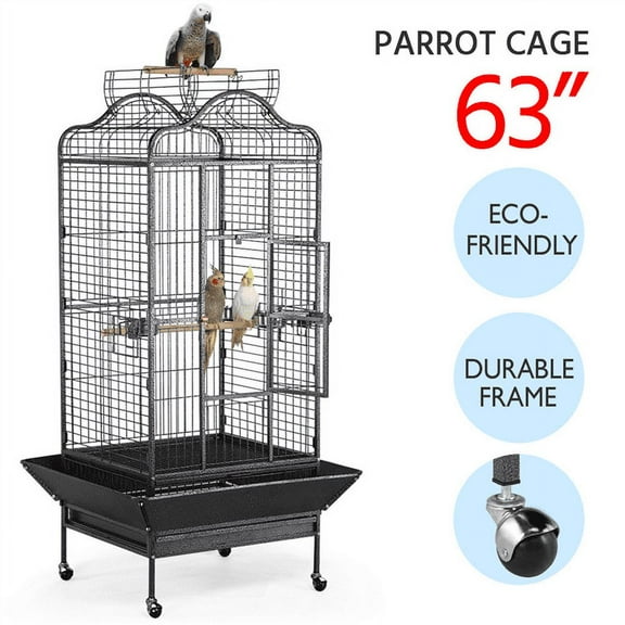 Renwick 63'' H Open Playtop Rolling Metal Bird Cage with Stand, Black