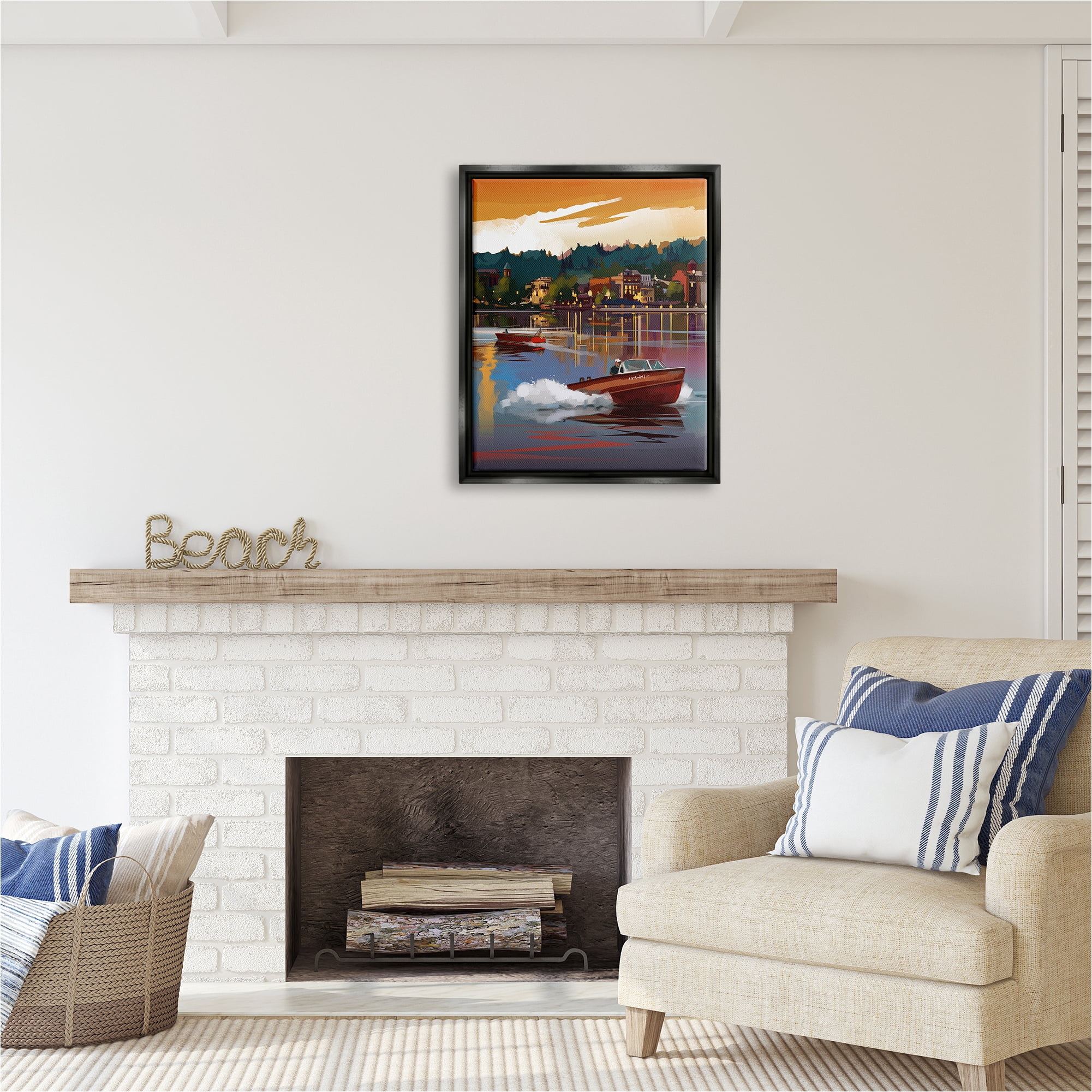 Stupell Industries Boats at Sunset Pier Transportation Painting Black Floater Framed Canvas Art Print Wall Art, 25 x 31