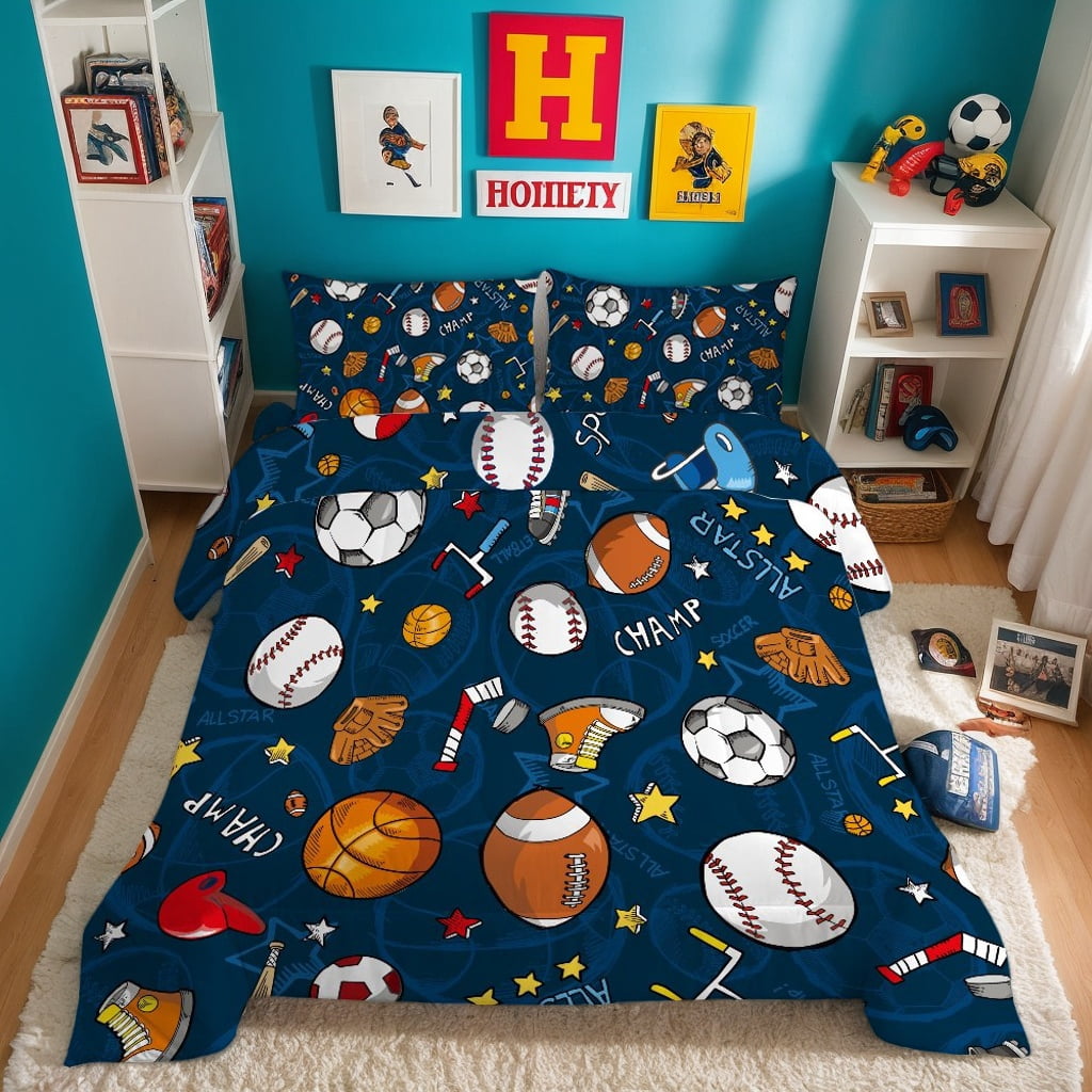 Queen Sports Comforter Set Navy Ball Bedding Sets for Boys Girls Kids Teen 3D Soccer Basketball Baseball Football Design 5Pcs Bed in A Bag