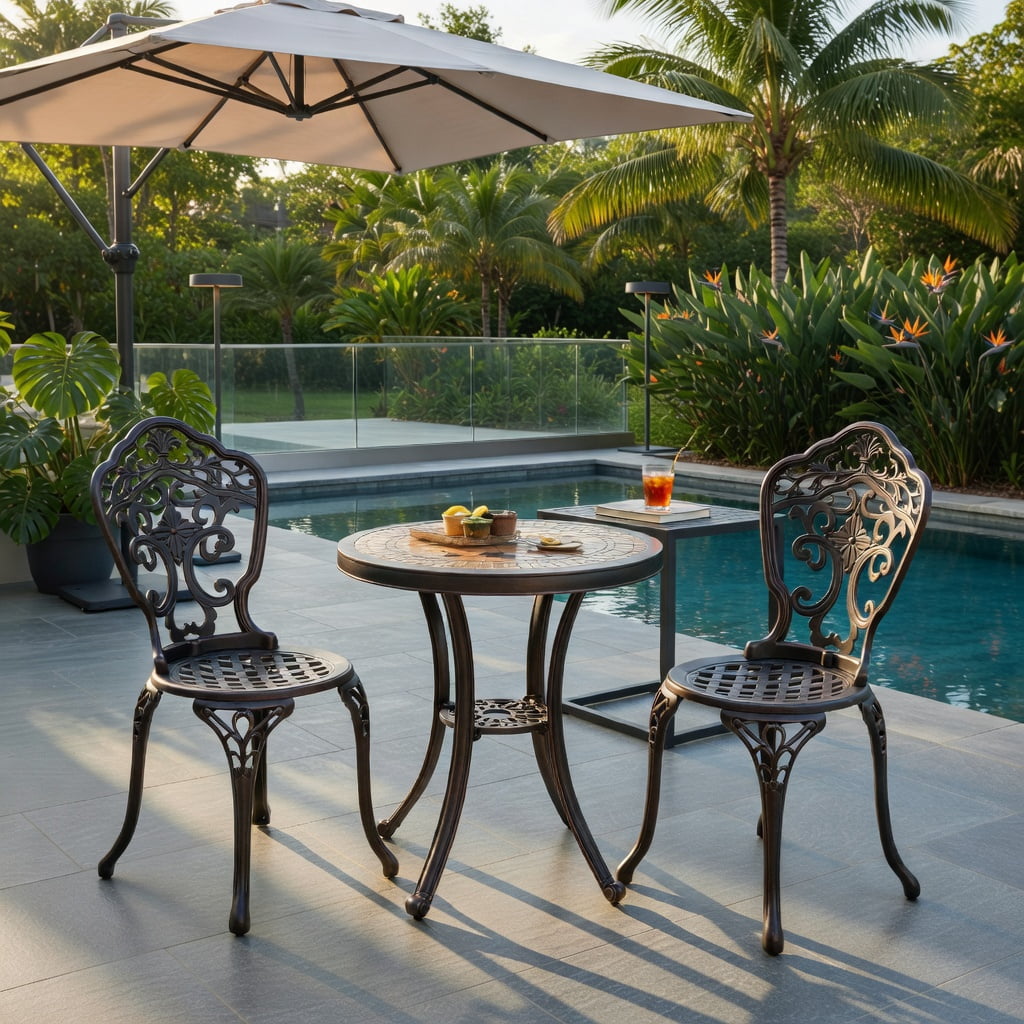 Hommoo 3-Piece All-Weather Cast Aluminum Patio Bistro Set in Copper Finish, Rust-Resistant Outdoor Table & Chairs for Porch, Backyard, Poolside, Brown