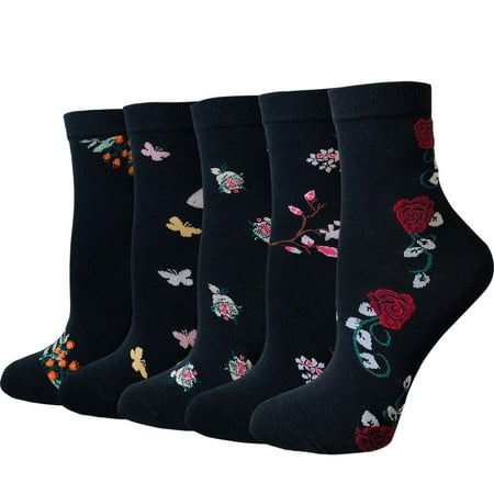 

DXYAKY 5 Pairs Womens Black Floral Patterned Novelty Crew Socks Vintage Casual Cotton Socks Warm Dress Ankle Socks