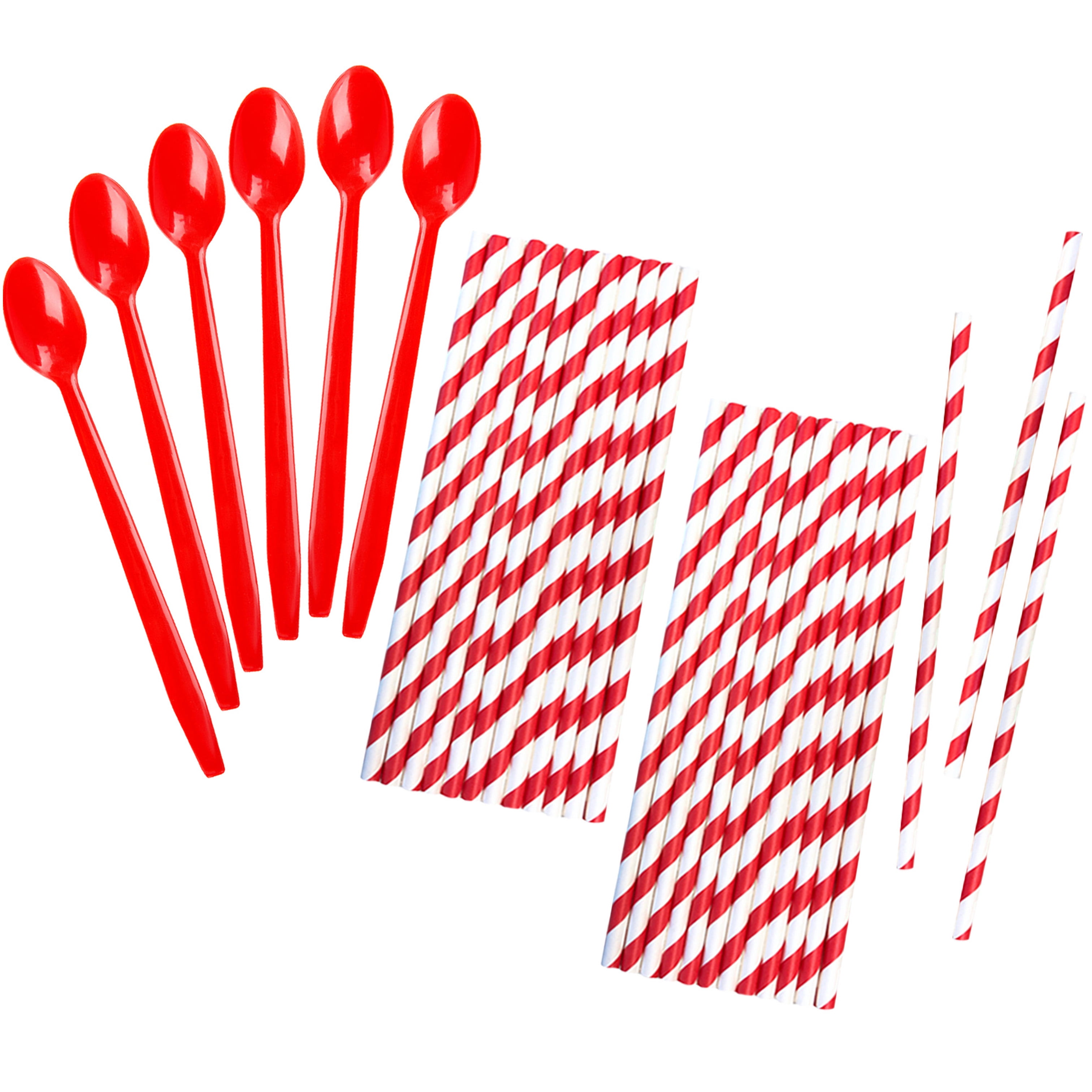 50 Red Plastic Sundae/ Soda Spoons 8 Inch Red Paper Straws