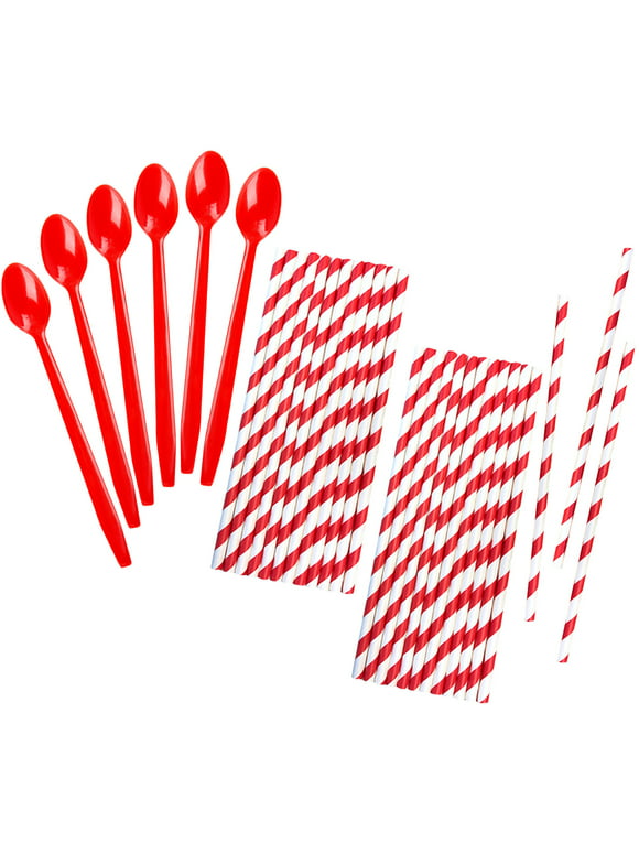 50 Red Plastic Sundae/ Soda Spoons - 8 Inch - Red Paper Straws