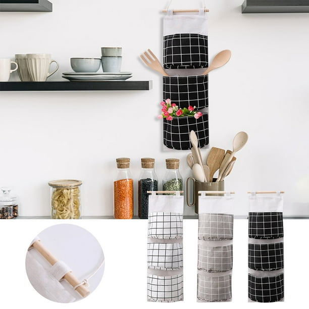 Bolsa colgante multifuncional con 3 bolsillos: organizador de algodón de lino de 60,5x21 pulgadas para puertas, pared, dormitorio, baño, oficina y cocina