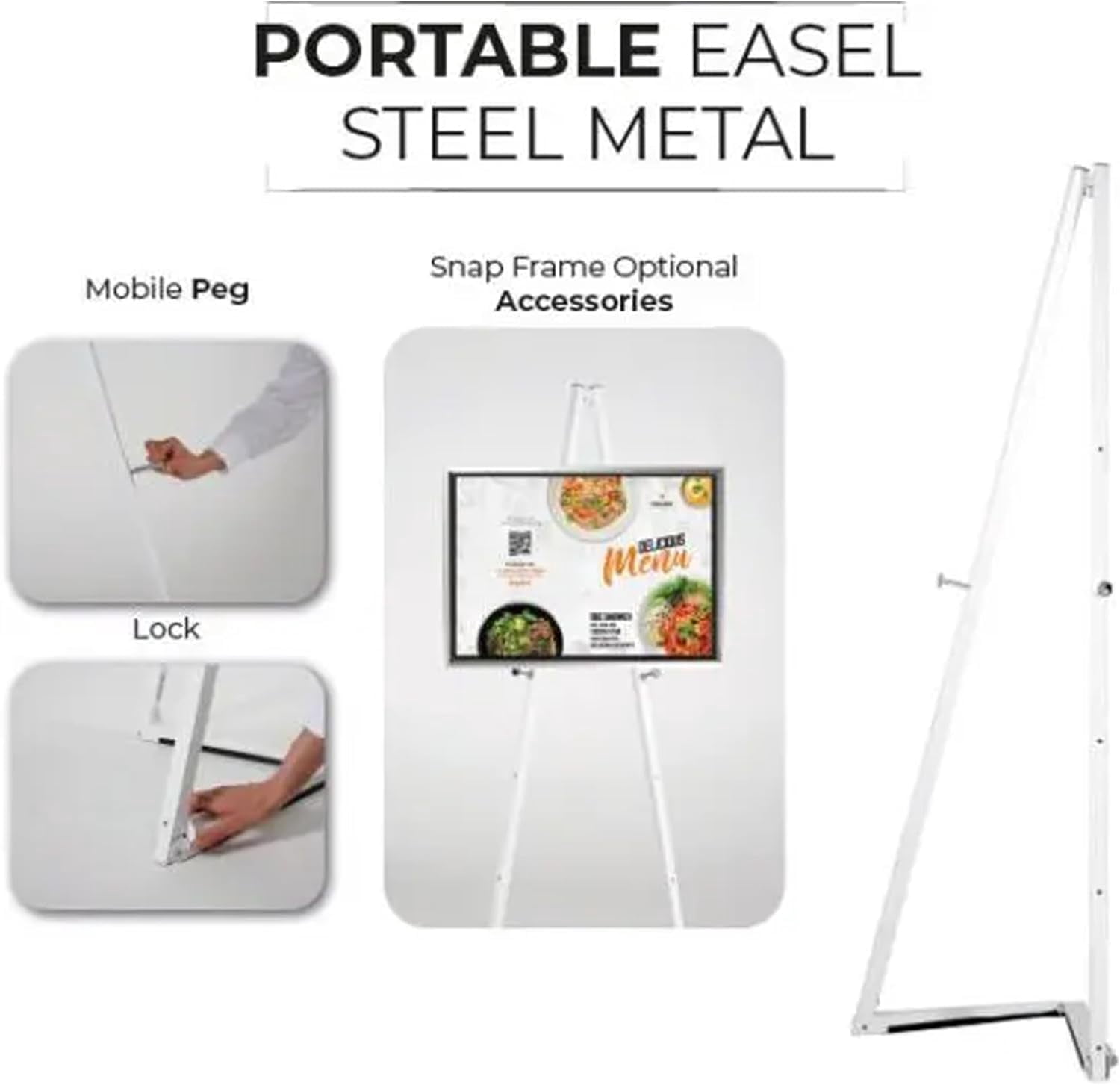 M&T Displays White Portable Easel 59 inch with 5 Different Height Adjustments Foldable and Practical Solution for Painting Canvas Presentation
