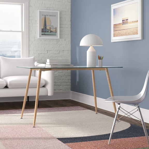Anchorhome Mid-Century Modern Dining Table, 51.1" Rectangular Tempered Glass Kitchen Table with Wood Grain Metal Legs, Space-Saving Clear Desk for Dining Room & Home Office (Table Only)
