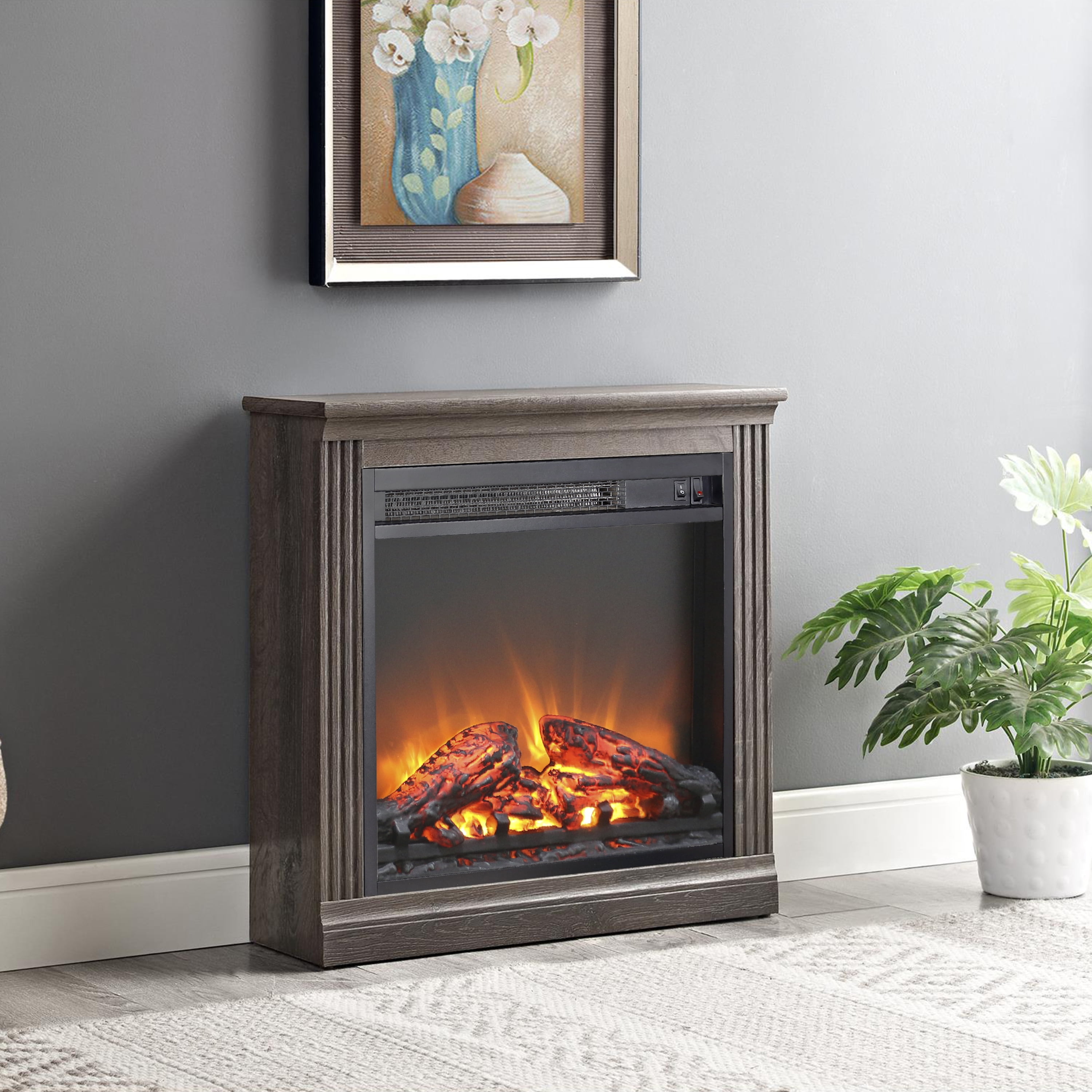 Mintazer 18 inch Electric Fireplace Insert , Ultra Thin Fireplace Heater with Log Set & Realistic Flame, Timer Remote Control & Overheating Protection