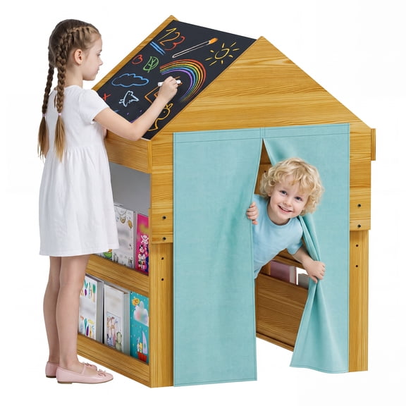Advwin Kids Wooden Playhouse with Bookshelves, 3-Height Adjustable Playhouse with Double Chalkboard Roof, Reversible Bookshelf & Curtains,Activity Table & Art Table for Daycare, Preschool