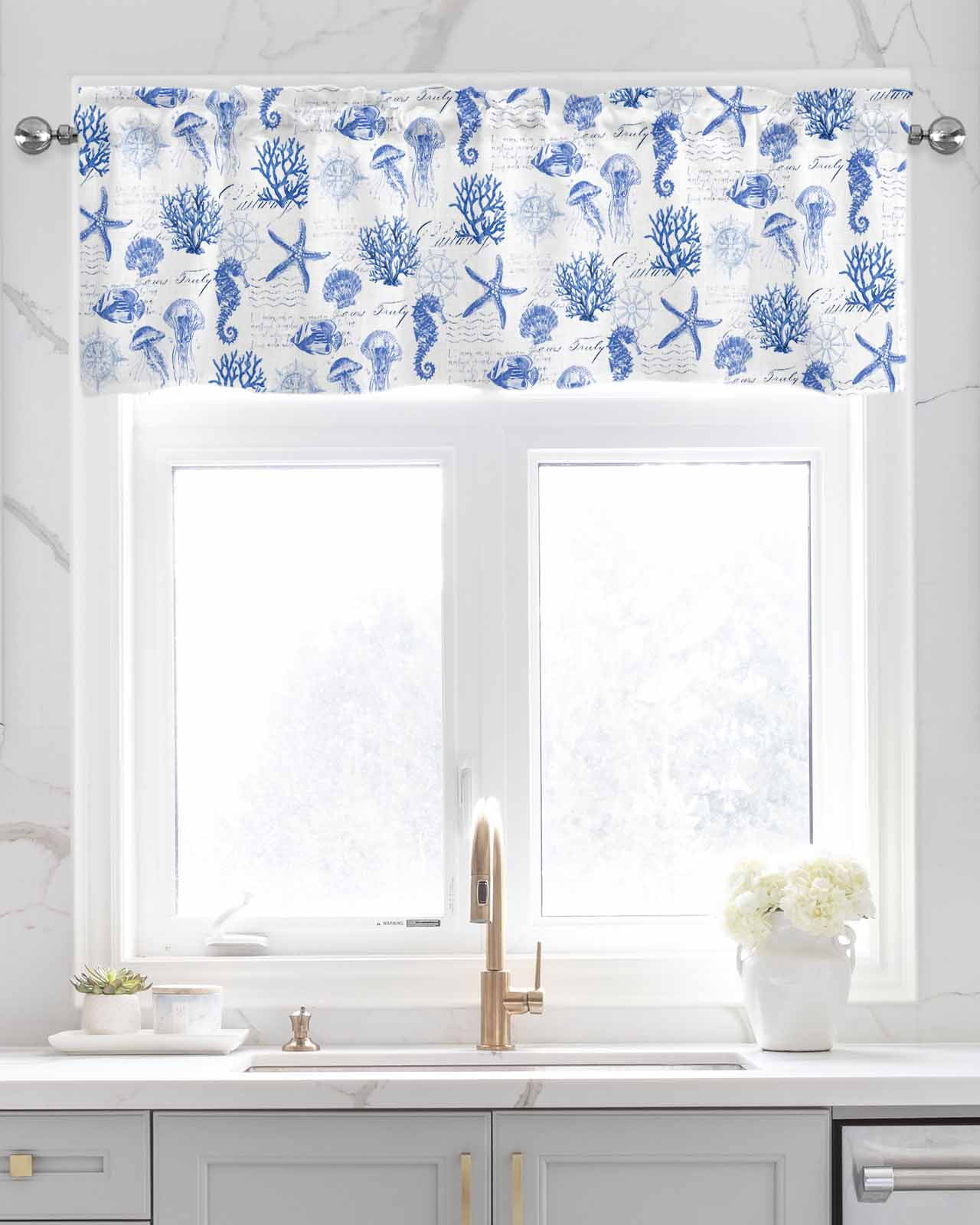 Blue Coastal Kitchen Valances for Windows Farmhouse Linen Window Valance Curtain for Living Room Window Treatment Ocean Nautical Coral Seahorse Starfish Valance Rod Pocket Topper Drape, 54 x 18 Inch