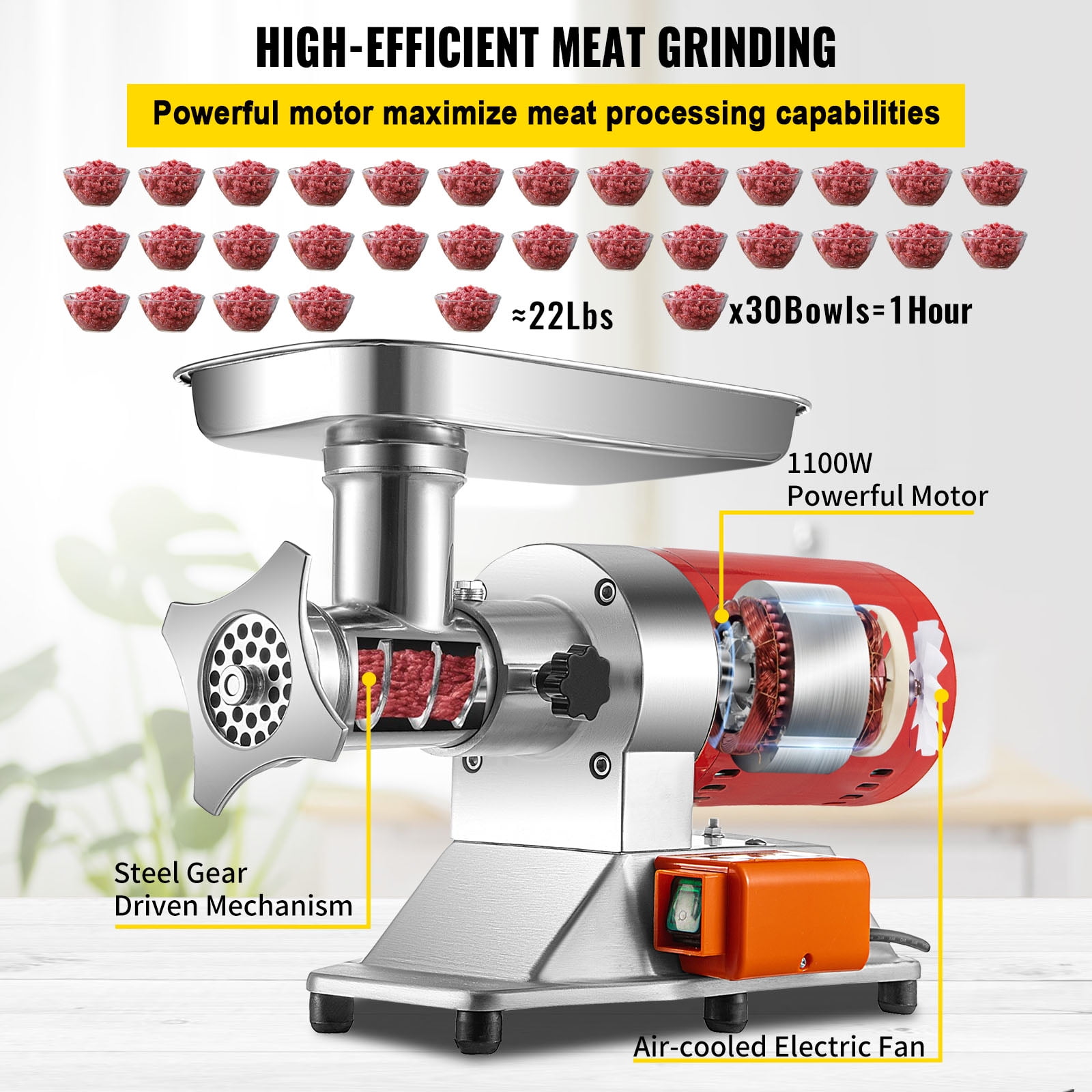 VEVOR Electric Meat Grinder, 661 Lbs/Hour1100 W Meat Grinder Machine, 1.5  HP Electric Meat Mincer with 2 Grinding Plates, Sausage Kit Set Meat Grinder  Heavy Duty, Home Kitchen & Commercial Use Red