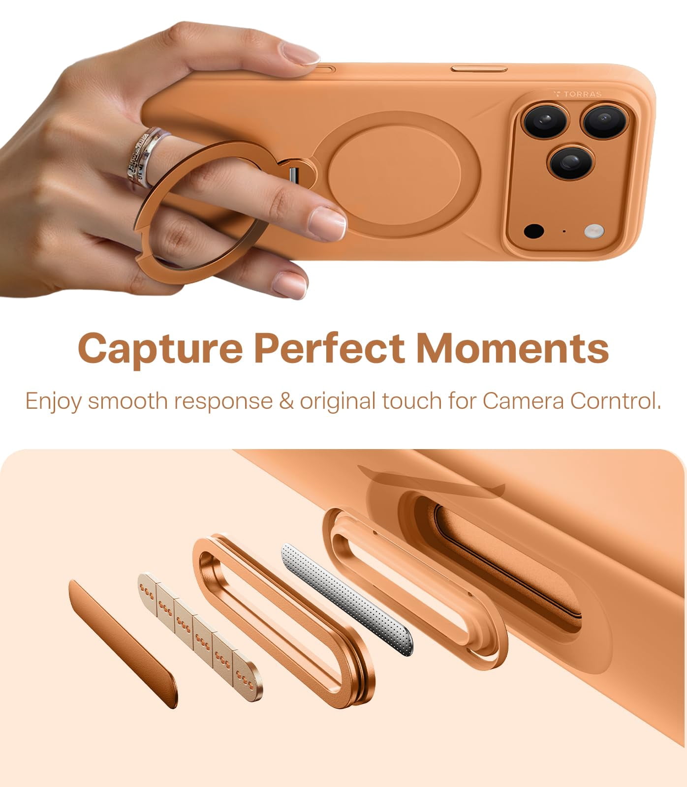 TORRAS Ostand Q3 Silicone for iPhone 17 Pro Max Case, Fit for MagSafe, 360 Spin Ring Stand, Liquid Silicone Cozy Vibrant Grip, Camera Control, Protective Case for iPhone 17 Pro Max, Cosmic Orange