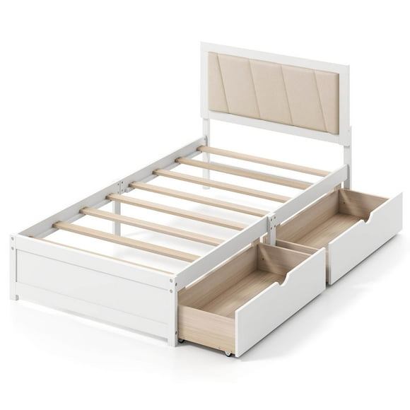 Costway Twin Size Bed Frame with 2 Storage Drawers Upholstered Headboard Wood Structure