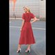 thumbnail image 3 of Vestido de Larga con Cuello en V, Plisado y Mangas Abullonadas, Rojo Talla XL, 3 of 4