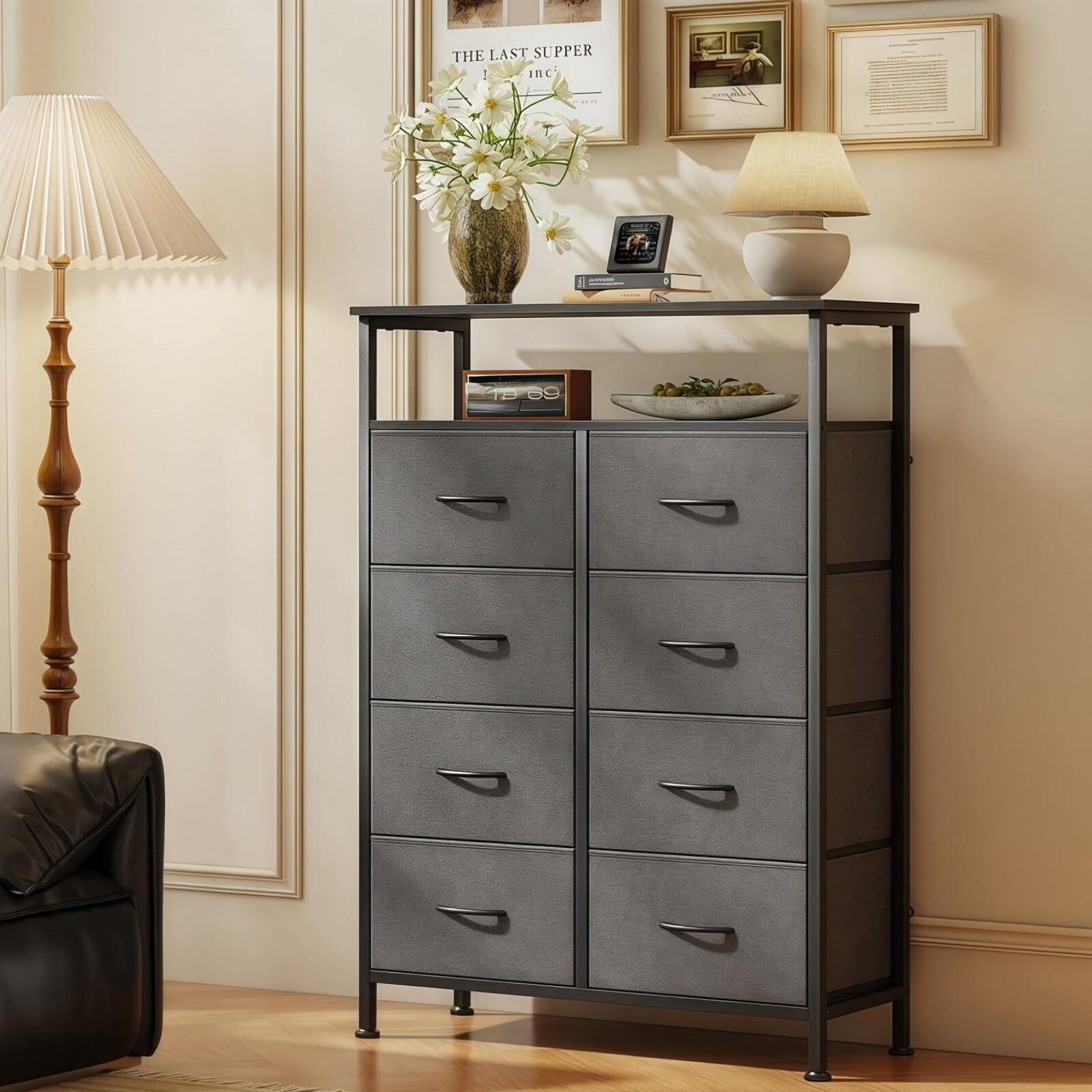 BEAUTYPEAK 8 Drawer Fabric Dresser with Wood Top Open Shelf Storage Chest with Adjustable Feet, Gray