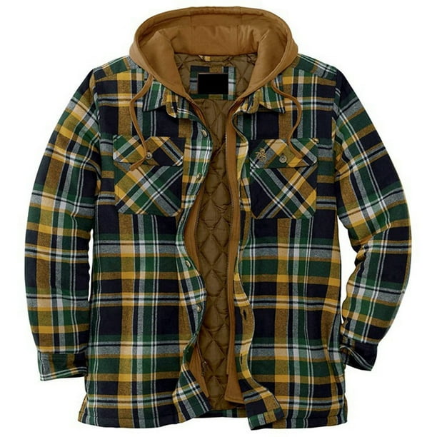 Checked Padded Shirts Mens Lumberjack Jacket with Hood Quilted Hooded Flannel Thick Lined Warm Coats Long Sleeved