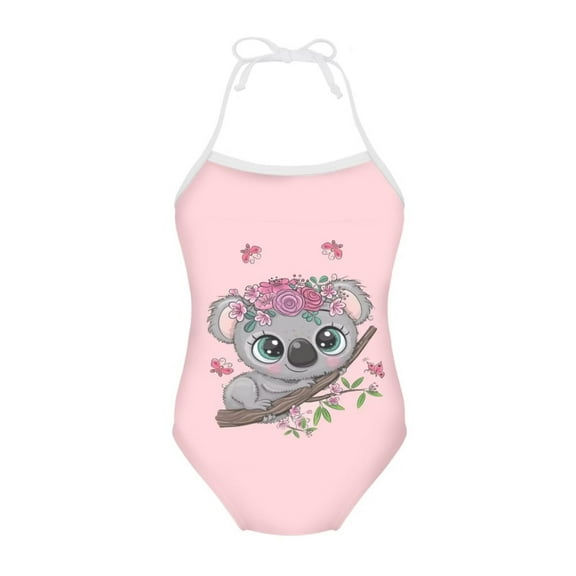 SEANATIVE Floral Koala Lace Up Swimsuit Pink Soft Beach One Piece Swimwear for Girls Size 1-2 Y Quick Dry Kids Girls Bikini Bathing Suit