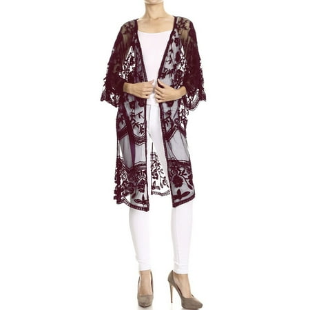 Long Lingerie Robe for Women Lace Gown Open Sheer Mesh Kimono Babydoll Sleep Dress  Burgundy  Onesize