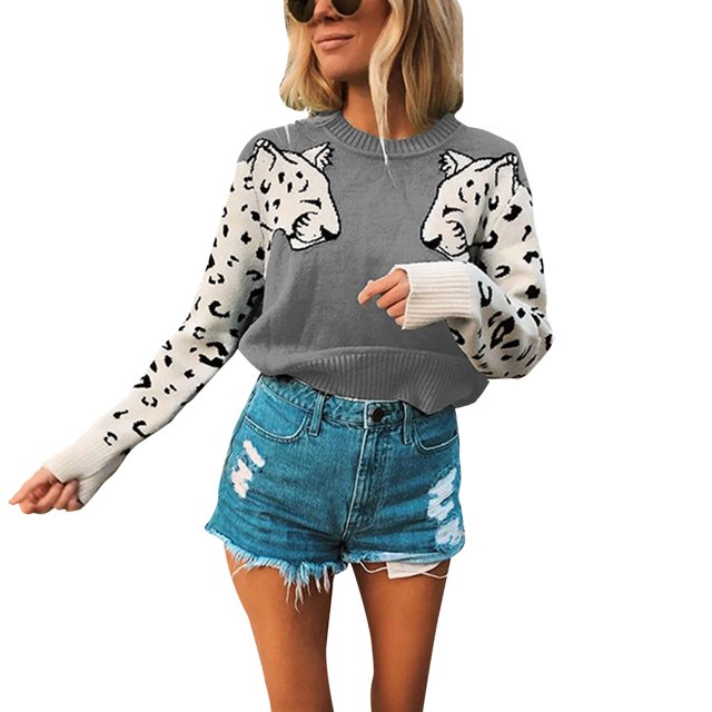 xiaxaixu Pull Automne Hiver pour Femmes, Col Rond Imprimé Léopard