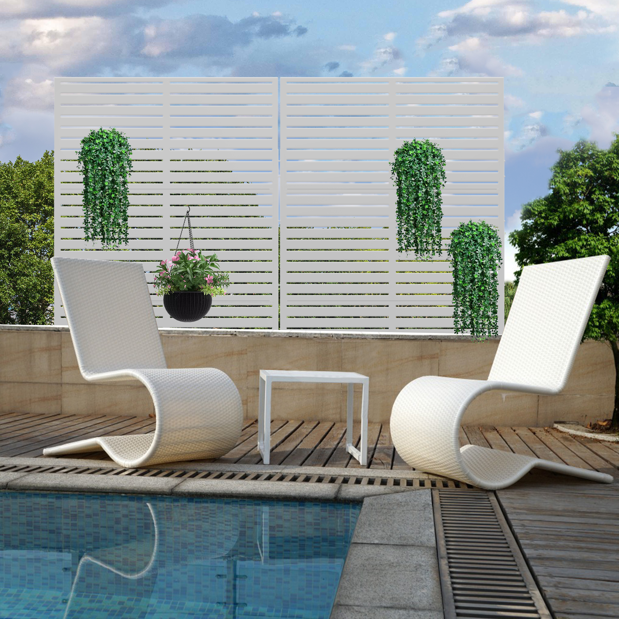 MAYEERTY 72×47" Outdoor White Metal Privacy Panel Screen for Backyard & Garden, Louvered Pattern