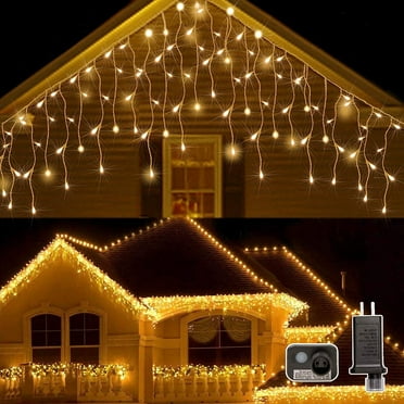 Christmas Lights Outdoor Decorations 400 LED 33ft 8 Modes Curtain Fairy String Light with 75 Drops, Clear Wire LED Icicle Lights Decor for Wedding Party Christmas, Warm White
