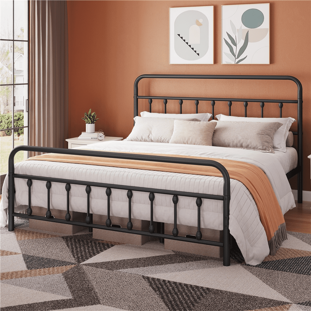 Alden Design King Size Metal Platform Bed Frame with High Headboard for Adult, Black
