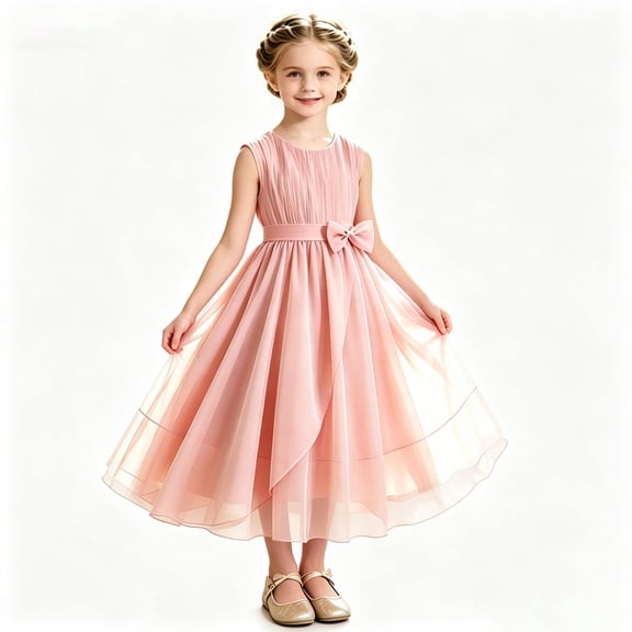 WhouRiu Girls Casual Summer Dress Solid Color Sleeveless Crew Neck Tiered Ruffle Dresses Kids Comfortable Mesh Sundress,12-13 Years
