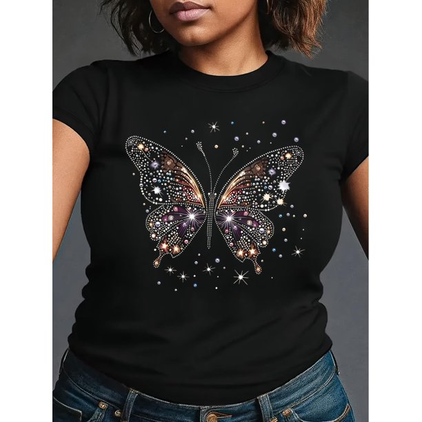 Camiseta de cuello redondo con estampado de mariposas y diamantes brillantes, informal, de manga corta y cuello redondo, para mujer, ideal para el tiempo libre.
