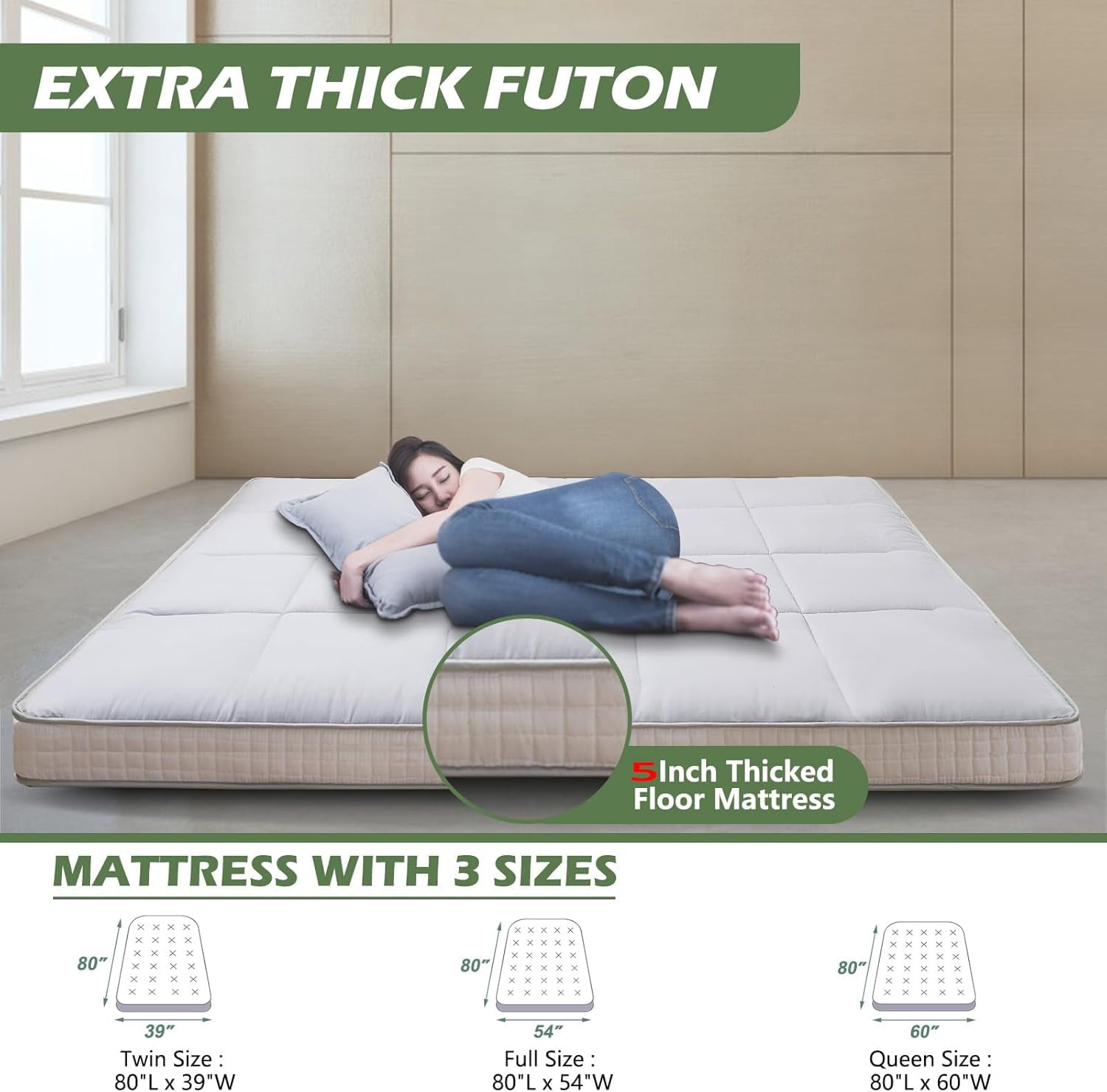 ABORON Futon Mattress Full Size 5" Thicken Japanese Floor Mattress Folding Guest Mattress Protable Roll up Mattress Soft Memory Foam Tatami Mat Sleeping Pad for Bedroom Camping Tent