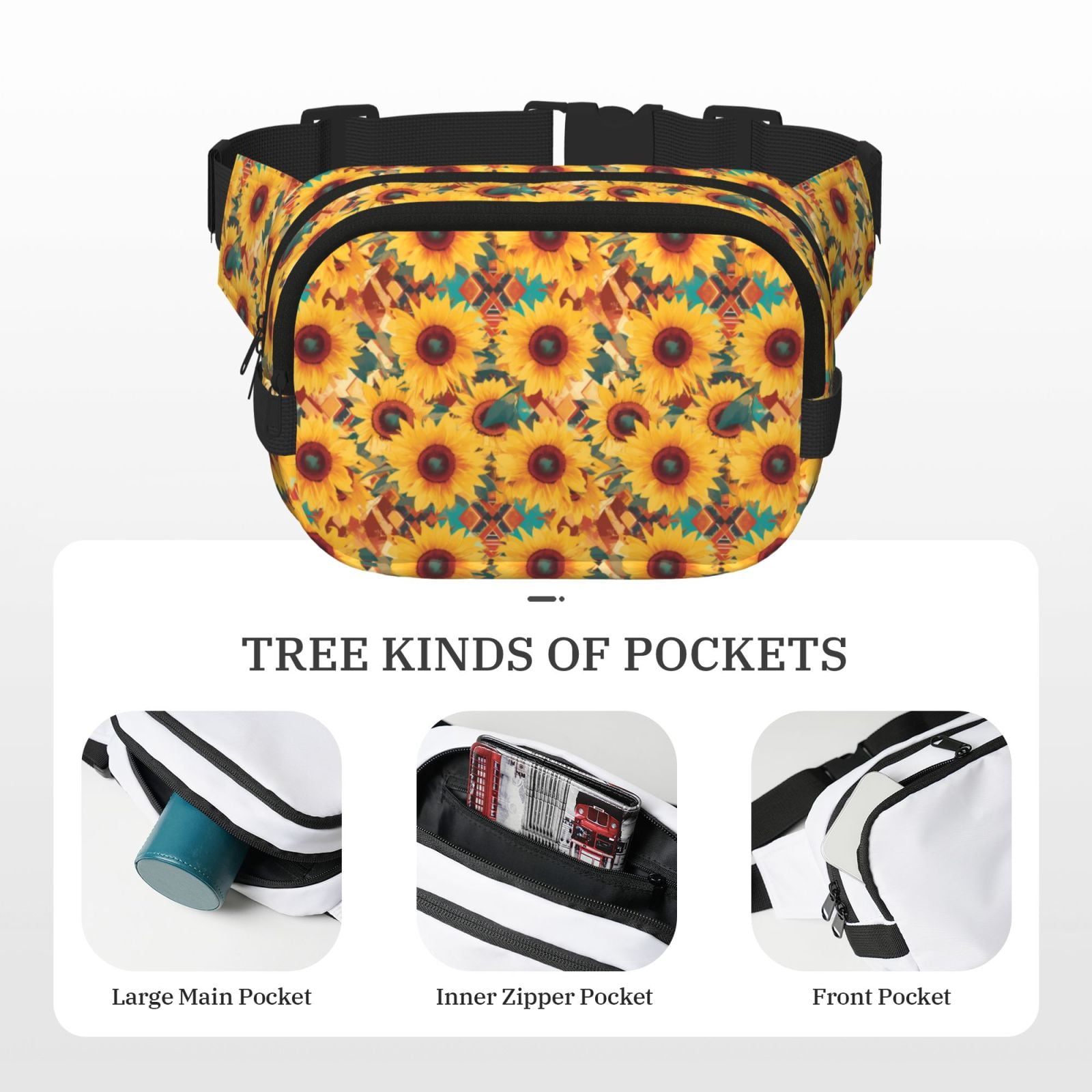 Picia Colorful Bohemian Sunflower Print Square Double-Layer Waist Bag Mini Adjustable Waist Belt Bag Exercise Running Travel Hiking