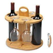 Kato Kitchen Wine Organizer with Handle - 4 Stemware & 2 Bottle Holder, Countertop Hanging Drying Stand Rack with Free Corkscrew, Bamboo Storage