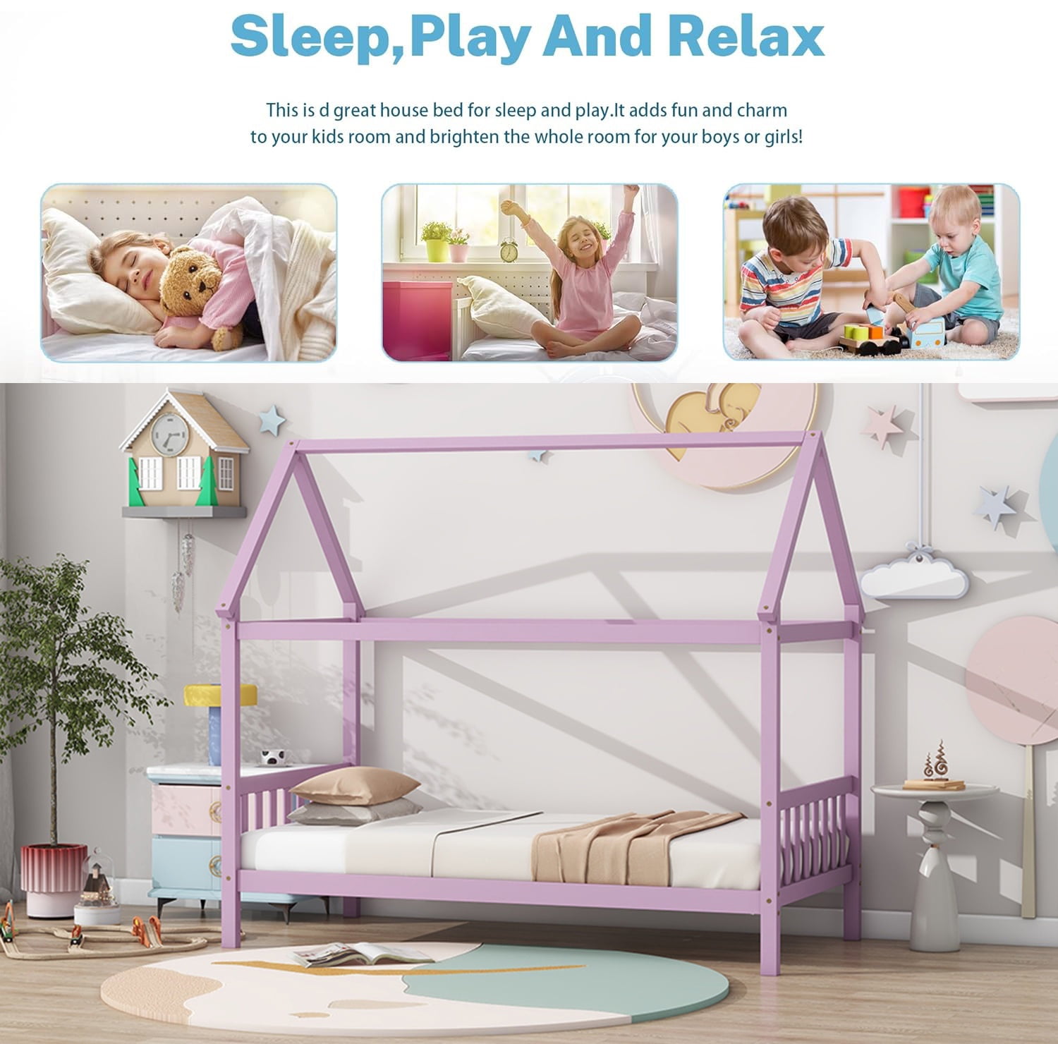 Bellemave Twin House Bed with Headboard and Footboard Sturdy Rubber Wood Platform Bed Frame, Montessori House Bed, No Box Spring Needed  (Twin, Pink)