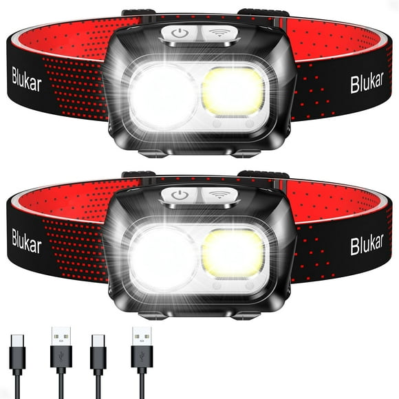 Linterna frontal Blukar LED recargable, 2000 L, superbrillante, paquete de 2