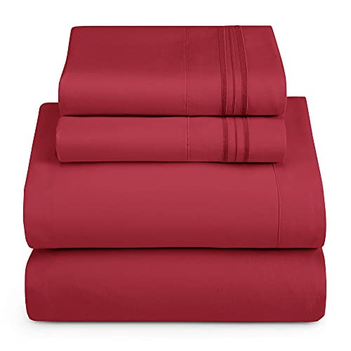 Draps Taille Grand - Ensemble de Draps 4 Pcs, Draps de Lit de Luxe d'Hôtel Double Brossés - Draps et Taies d'Oreiller Extra Doux, Grand, Bordeaux