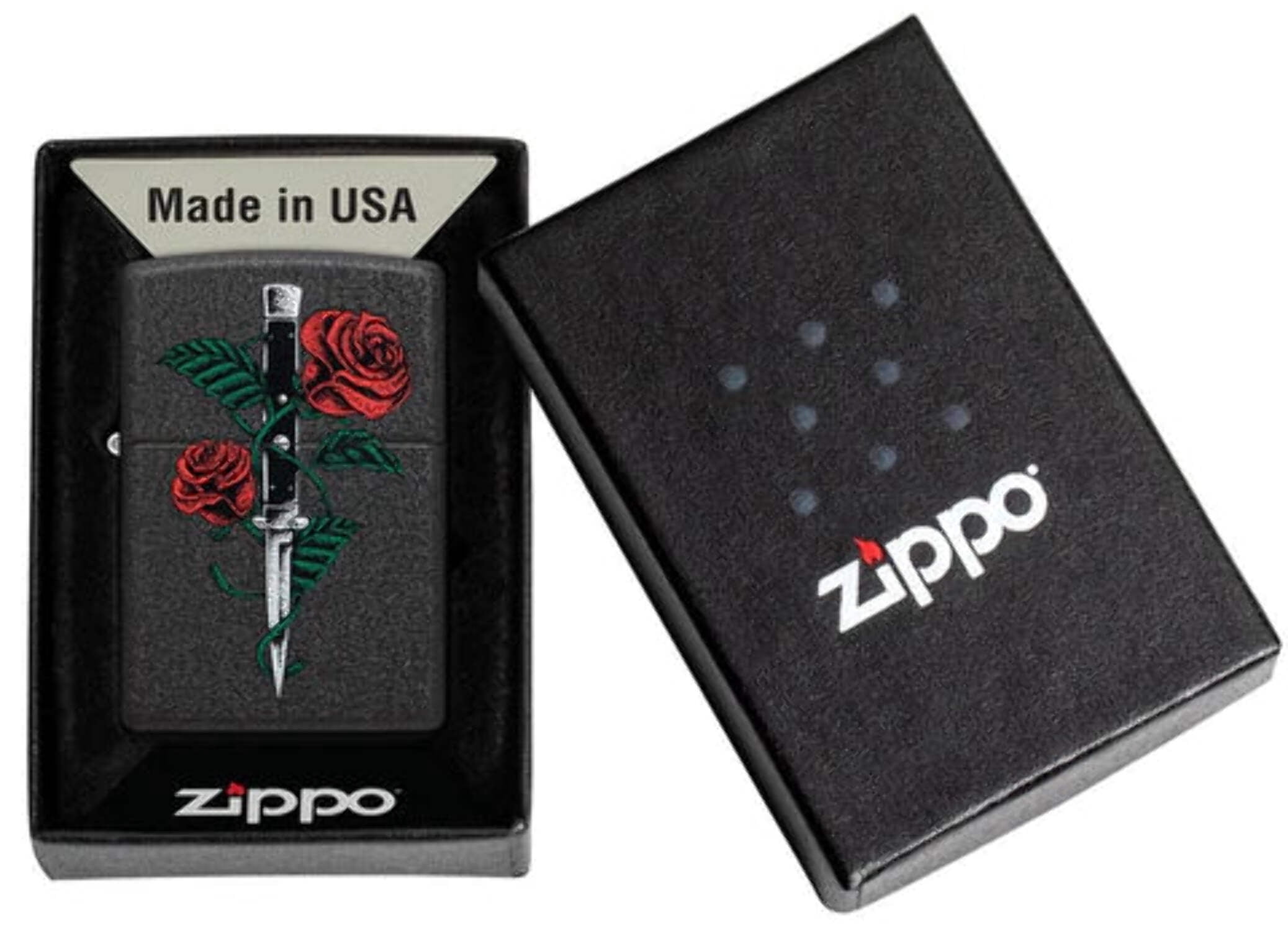 Zippo Rose Dagger Tattoo Design Black Crackle Pocket Lighter