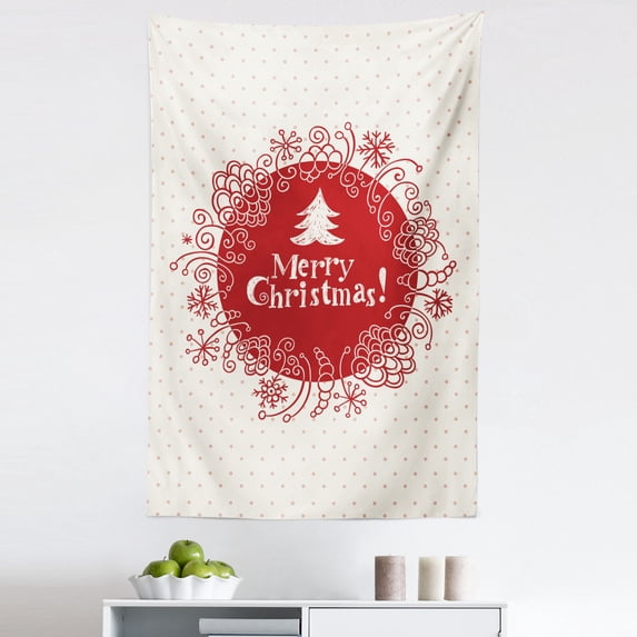 Christmas Tapestry, Merry Xmas Greeting Design Sketchy Tree Swirled Doodles Frame, Fabric Wall Hanging Decor for Bedroom Living Room Dorm, 5 Sizes, White Red Coral, by Ambesonne