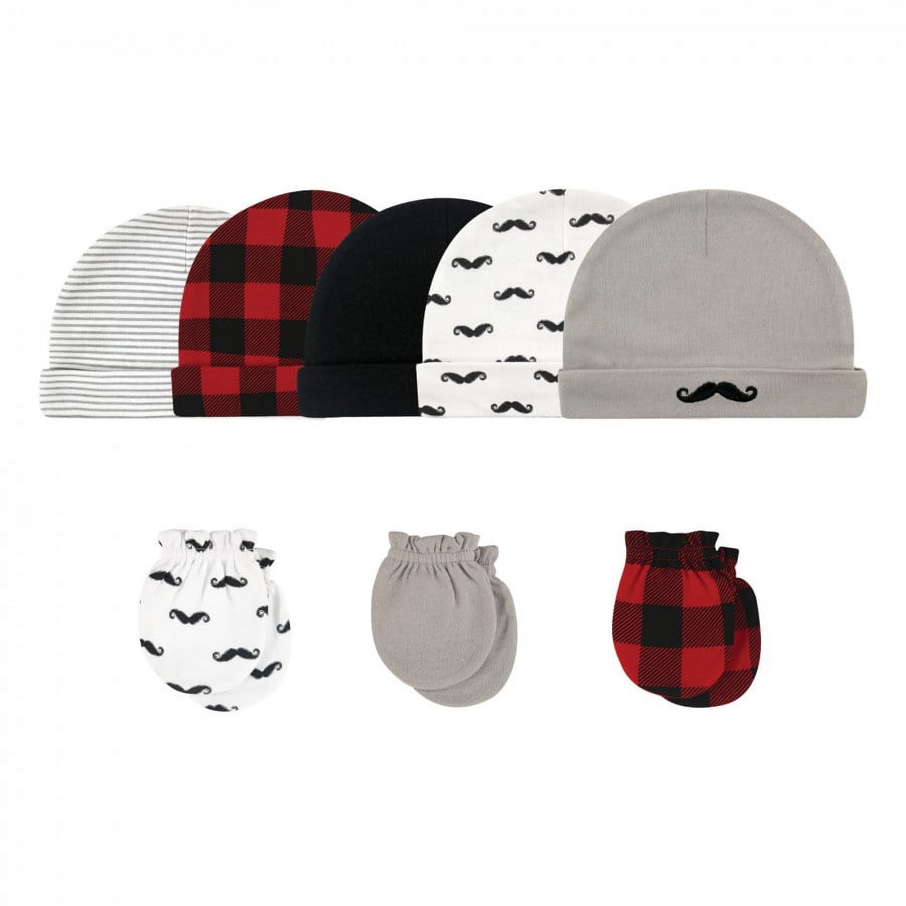 Hudson Baby Infant Boy Cotton Cap and Scratch Mitten 8pc Set, Mustache, 0-6 Months