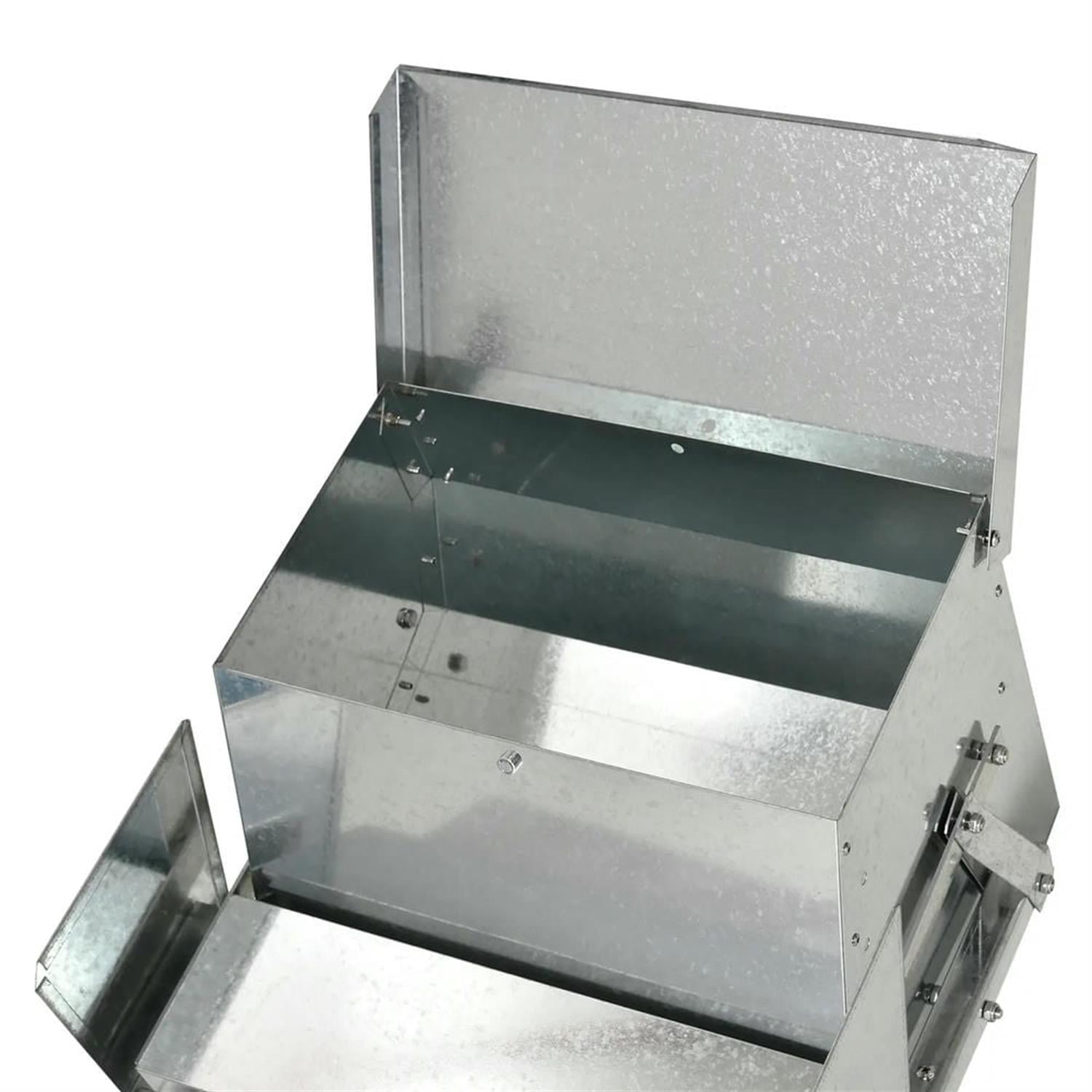 Kadyn Outdoor Automatic Metal Chicken Feeder, Poultry Feeder with Protective Lid for Chickens, Bantams, Pheasants, Holds 30 lbs of Feed, Silver