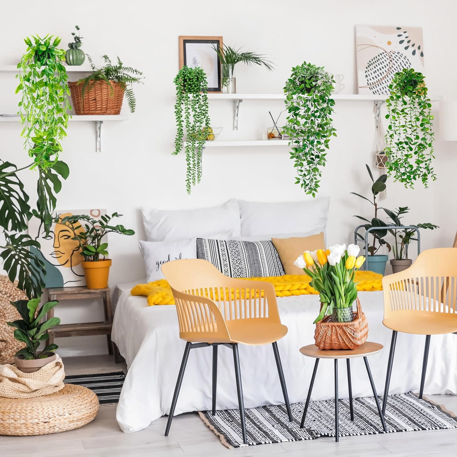 Artificial Hanging Plants for Shelf, 6 Pack Fake Potted Greenery Plant Faux Eucalyptus Vine, Mandala Vine, String of Pearls,Pea pod Leaves,Ivy Vine,Persian Grass Fern in Pot for Home Décor