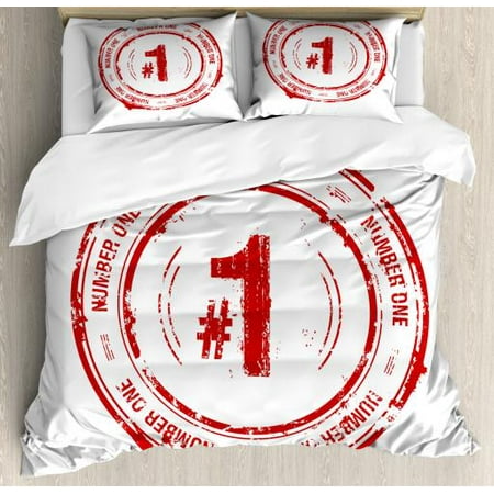 Number King Size Duvet Cover Set, Number One Old Fashioned Grunge Stamp at Top Best Leader Emblem Design, Decorative 3 Piece Bedding Set with 2 Pillow Shams, Vermilion and White, by (Best Halo 3 Emblems)