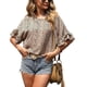 thumbnail image 1 of Camiseta con cuello redondo para mujer, estampado de leopardo, mangas cortas con volantes, blusa informal de verano holgada, color caqui M, 1 of 8